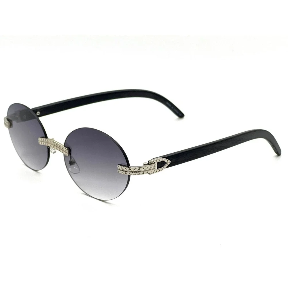 Mens Rimless Round Sunglasses Grey Gradient Lens Silver‎ Crystal Bling Black New
